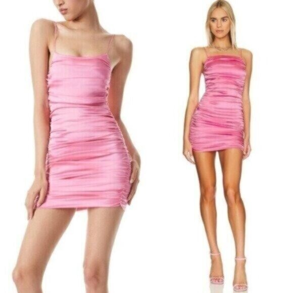 NWT Alice + Olivia Cruz Primrose Pink Ruched Silk Mini Dress Size 12